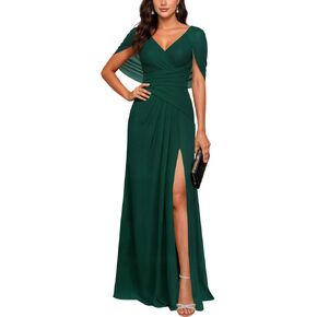 فستان سهرة رسمي طويل شبكي للنساء من Liher، رقبة على شكل V، أكمام كيب، ظهر منقسم، فساتين طويلة لضيوف الزفاف in Kuwait