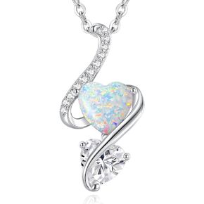 LOUISA SECRET 925 Sterling Silver Opal Birthstone Necklace, Unique Tiny Double Heart Pendant Jewelry, Engraved with "S925 I Love You" Best Birthday Gift for Women Wife Girlfriend Mom Her, Christmas Day Valentine's Day Anniversary Mother's Day in Kuwait