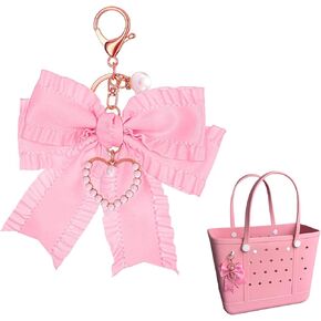 Pink bow Purse Charm, Cute Pearl Heart-Shaped Bow Keychain, Wallet Pendant, Bow Beach Bag Charm in Saudi Arabia