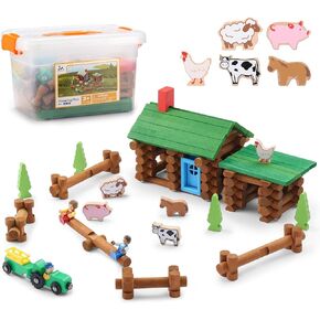 SainSmart Jr. 214 PCS Wooden Logs Cabin Set Ages 3, Building Log Gift for Boy/Girl, Creative Construction Engineering Educational Toy, Vacation Chalet in Kuwait