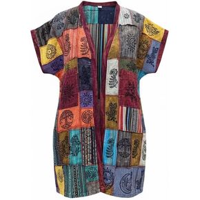 Ezhippie Women’s Handmade Patchwork Cotton Short Sleeve Open Front Boho Lightweight Festival Hippie Summer Shirt in Kuwait