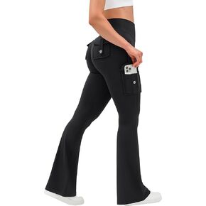 OLCHEE Womens Yoga Pants Flare Leggings with Cargo Pockets Scrunch Butt Lifting High Waist Gym Workout Bootcut Inseam 33" - Black Size Medium in Kuwait