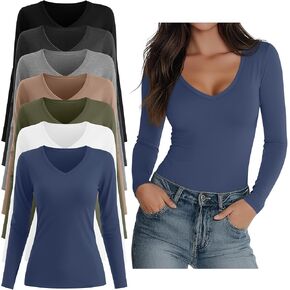 7 Pack Women's V Neck T Shirts Long Sleeve Tee Shirts Slim Casual Multi Pack Fitted Fall Going Out Basic Tops in Kuwait