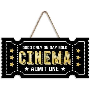 Vintage Cinema Ticket Front Door Sign, Retro Black Gold Wood Plaque Hanger Film Theater Movie Room Home Decor, Wooden Wreath Indoor Wall Hanging Decoration Movie Lover Gift in Kuwait