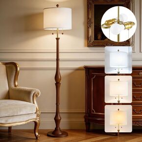 مصباح أرضي من الخشب الطبيعي مقاس 67.5 بوصة مع قاعدة خشبية عتيقة وظل من الكتان ومفاتيح سلسلة سحب مزدوجة على شكل حرف S، مصباح أرضي ريفي لغرفة النوم وغرفة المعيشة والمكتب (المصباح متضمن) in Kuwait