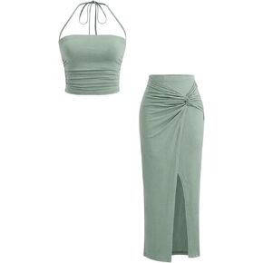 Verdusa Women's 2 Piece Vacation Outfits Ruched Crop Halter Top with Slit Bodycon Long Skirt Going Out Sets in Kuwait