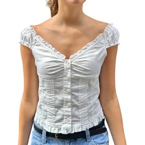 Women Button Down Lace Top V Neck Ruffle Sexy Low Cut Cap Sleeved Babydoll Cute Shirt Slim Fit Coquette Blouse in Kuwait