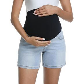 Women's Maternity Jean Shorts Over Belly Stretchy Casual Denim Short Pants Pregnancy Summer Shorts with Pockets in Kuwait