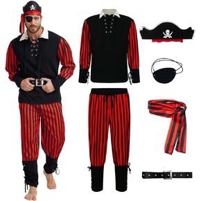6 قطع من زي القرصان الرجالي البالغين، قميص قرصان عصر النهضة الفايكنج، مجموعة قبعة للهالوين in Kuwait