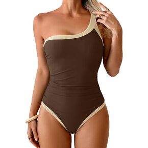 Women's One Piece One Shoulder Swimsuit Tummy Control Slimming Bathing Suit Color Block Swim Suit Ruched Swimwear in Kuwait