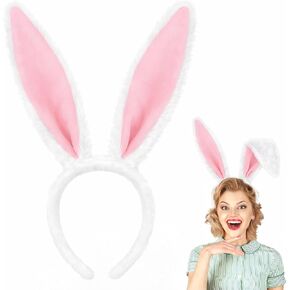 IGMaryBox عصابة رأس أذن أرنب من القطيفة باللون الوردي والأبيض للنساء، عصابة رأس أذن أرنب ناعمة منفوشة لحفلات عيد الفصح، إكسسوارات زي الأرنب، دعائم صور تنكرية للهالوين in Kuwait