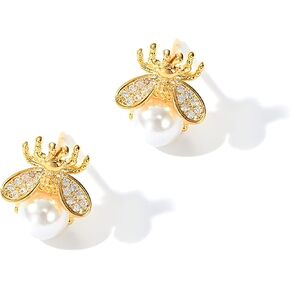 Gold Honeybee Stud Earrings Cute Bumble Bee Pearl Studs Earrings for Women Teen Girls in Kuwait