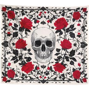 Elmsfell Gothic Skull Tapestry Red Roses - Grunge Emo Room Decor Aesthetic, Sketch Tattoo Style Skeleton Wall Art, Punk Alt Bedroom Decorations (50x60) in Saudi Arabia
