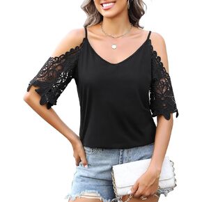 Women Summer Short Sleeve Shirt Lace Short Sleeve Cut Out Blouse Cold Shoulder Solid Color Fashion Casual Top Tees Black in Kuwait