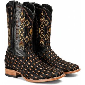 Joe Boots Men’s Handwoven Cow Hair Genuine Leather Western Rodeo Cowboy Boots – Square Toe, Woven Vamp, 10" Embroidered Shaft, Double Life Sole in Kuwait
