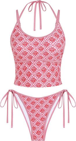 ZAFUL Women's Dual Straps Halter Bikini Set Scoop Neck Colorblock Tankini Swimsuit Tie Side Two Piece Bathing Suit in Saudi Arabia