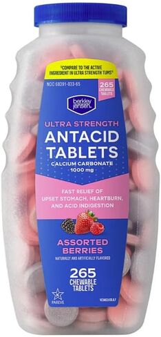 berkley jensen Extra Strength Antacid Tablets Chewable - 750mg Calcium Carbonate Antacids for Heartburn, Acid Indigestion, Upset Stomach Relief - Assorted Berry Flavor - 200 Count (Pack of 1) in Kuwait