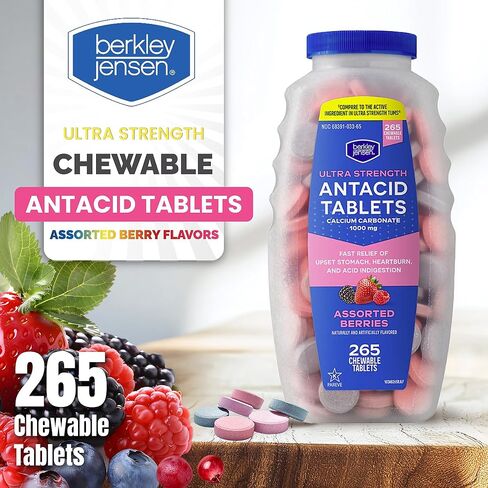 berkley jensen Extra Strength Antacid Tablets Chewable - 750mg Calcium Carbonate Antacids for Heartburn, Acid Indigestion, Upset Stomach Relief - Assorted Berry Flavor - 200 Count (Pack of 1) in Kuwait