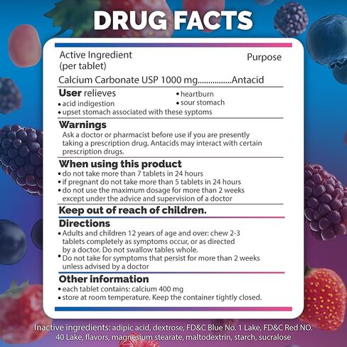 berkley jensen Extra Strength Antacid Tablets Chewable - 750mg Calcium Carbonate Antacids for Heartburn, Acid Indigestion, Upset Stomach Relief - Assorted Berry Flavor - 200 Count (Pack of 1) in Kuwait