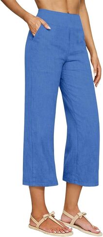 Capri Pants for Women High Waisted Linen Cropped Wide Leg Summer Casual Beach Cotton Palazzo Culottes with Pockets in Kuwait