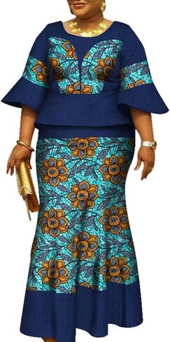 Women African Print Ankara Dresses Bazin Riche Ruffle Sleeve Dress Womens Skirt Set in Kuwait