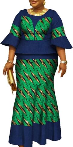 Women African Print Ankara Dresses Bazin Riche Ruffle Sleeve Dress Womens Skirt Set in Kuwait