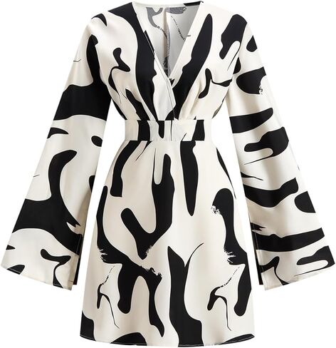 Women's Elegant Wrap Bell Long Sleeve Dress Printed Deep V Neck A Line Cocktail Party Short Dresses in Saudi Arabia