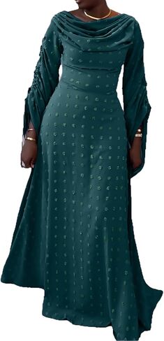 SHINFY Women Off The Shoulder Cocktail Dresses Ruched Long Sleeve Bodycon A Line Casual Elegant Maxi Dress in Kuwait