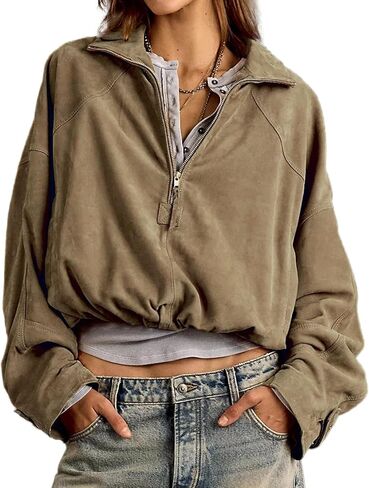 Women's Half Zip Faux Suede Sweatshirt Lightweight Pullover Bomber Jacket Drop Shoulder Tops Outfits in Saudi Arabia