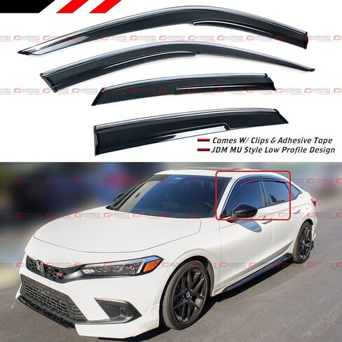 Premium JDM MU Style Smoke Tinted Window Visor Rain Guard W/Clips & Chrome Trim Compatible for 2022-2024 Honda Civic Sedan in Saudi Arabia