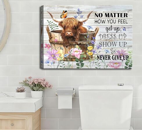 Funny Highland Cow Bathroom Wall Art Rustic Countryside Brown Cute Animal Painting Picture Wall Decor Highland Cattle Reading Newspaper on Toilet Poster Print Artwork for Bathroom Home Decoration in Saudi Arabia