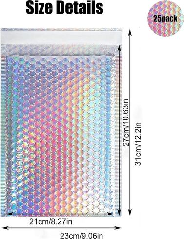 25 Pcs Holographic Bubble Mailers 8.5x12 Inch Poly Padded Envelopes Metallic Waterproof Shipping Bags in Kuwait