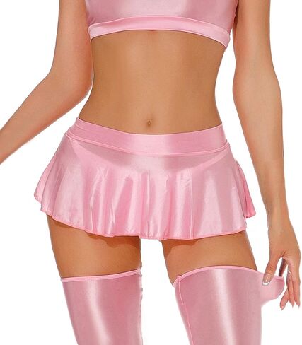 Womens Shiny Glossy Mini Skirt Flirty Pleated Skirts Low Waisted Ruffle Miniskirt See Through Rave Skater Clubwear in Saudi Arabia