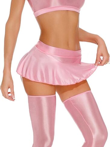 Womens Shiny Glossy Mini Skirt Flirty Pleated Skirts Low Waisted Ruffle Miniskirt See Through Rave Skater Clubwear in Saudi Arabia