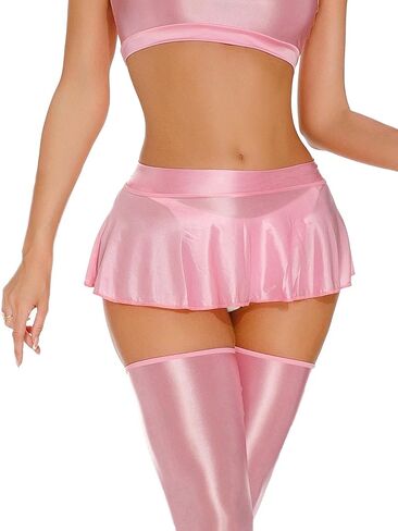 Womens Shiny Glossy Mini Skirt Flirty Pleated Skirts Low Waisted Ruffle Miniskirt See Through Rave Skater Clubwear in Saudi Arabia