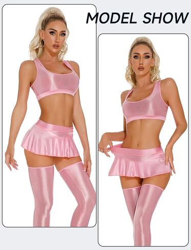 Womens Shiny Glossy Mini Skirt Flirty Pleated Skirts Low Waisted Ruffle Miniskirt See Through Rave Skater Clubwear in Saudi Arabia