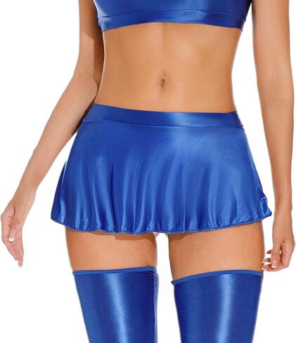 Womens Shiny Glossy Mini Skirt Flirty Pleated Skirts Low Waisted Ruffle Miniskirt See Through Rave Skater Clubwear in Saudi Arabia