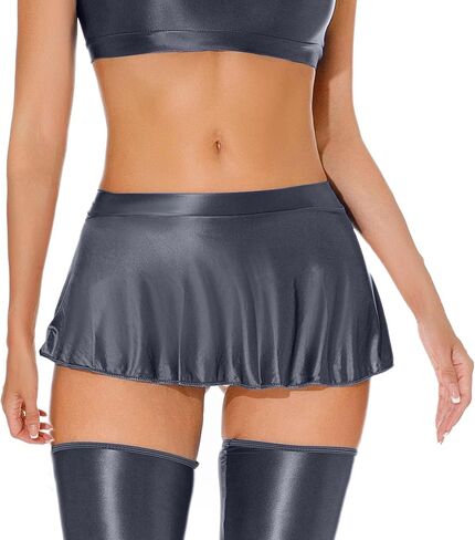 Womens Shiny Glossy Mini Skirt Flirty Pleated Skirts Low Waisted Ruffle Miniskirt See Through Rave Skater Clubwear in Saudi Arabia