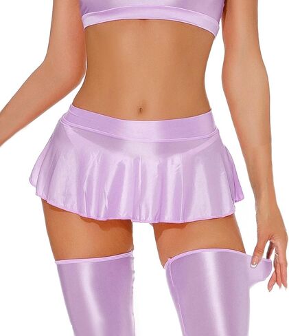 Womens Shiny Glossy Mini Skirt Flirty Pleated Skirts Low Waisted Ruffle Miniskirt See Through Rave Skater Clubwear in Saudi Arabia