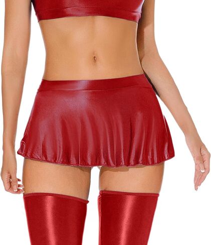 Womens Shiny Glossy Mini Skirt Flirty Pleated Skirts Low Waisted Ruffle Miniskirt See Through Rave Skater Clubwear in Saudi Arabia