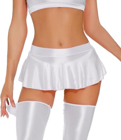 Womens Shiny Glossy Mini Skirt Flirty Pleated Skirts Low Waisted Ruffle Miniskirt See Through Rave Skater Clubwear in Saudi Arabia
