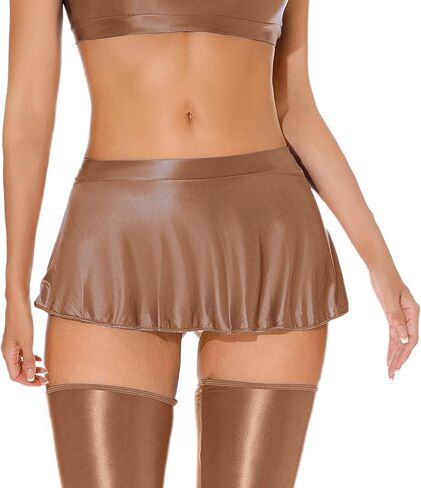 Womens Shiny Glossy Mini Skirt Flirty Pleated Skirts Low Waisted Ruffle Miniskirt See Through Rave Skater Clubwear in Saudi Arabia