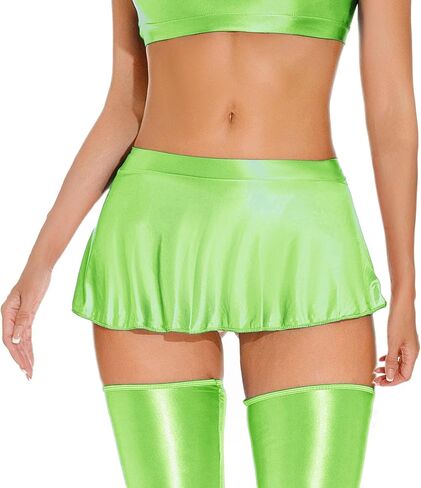 Womens Shiny Glossy Mini Skirt Flirty Pleated Skirts Low Waisted Ruffle Miniskirt See Through Rave Skater Clubwear in Saudi Arabia