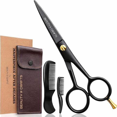 Beauty & Crafts- 5'' German Beard Mustache Scissors - 2 Mustache Comb for Facial Hair with Beautiful Pouch - Beard Trimming Scissors Use for Grooming, Cutting, and Styling of Mustache (Black) in Kuwait