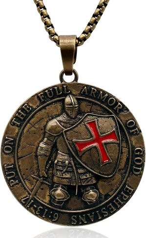 Yumikoo Knights Templar Necklace Medieval Knight's Shield Pendant Necklace - Antique Bronze Pendant with Red Enamel Cross Put on the Full Armor of God Ephesians 6:13-17 in Saudi Arabia