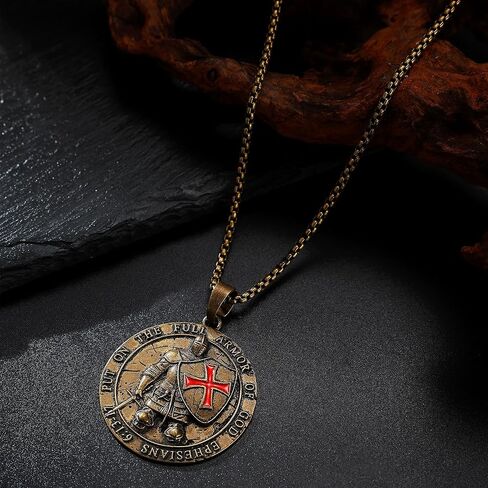 Yumikoo Knights Templar Necklace Medieval Knight's Shield Pendant Necklace - Antique Bronze Pendant with Red Enamel Cross Put on the Full Armor of God Ephesians 6:13-17 in Saudi Arabia