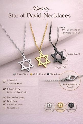 Star Of David Necklace For Men Women, 3 Pack (Gold, Silver, Black), Dainty Pendant Necklace 14k Gold Plated, Stainless Steel Jewish Jewelry, Pendant Necklace Simple Necklaces Everyday Jewelry for Women in Kuwait