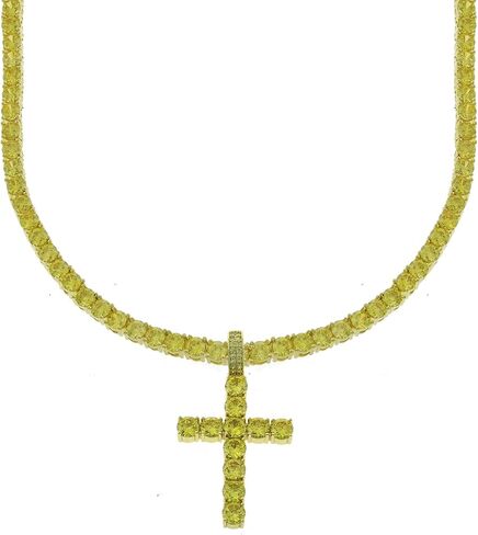 Men's 14K Gold Plated Round Cut Cubic Zirconia Cross Pendant with 1 Row Canary Yellow Tennis Necklace Choker Chain 18-24 inches in Saudi Arabia