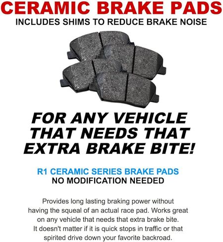 مجموعة فرامل أمامية وخلفية R1 Concept لـ 2005-2021 كرايسلر 300، 2009-2020 دودج تشالنجر | دوارات الفرامل المشقوقة المحفورة| طقم دواسات ووسادات الفرامل السيراميكية| الأجهزة متضمنة in Kuwait