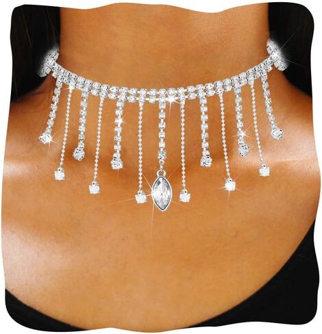 JAKAWIN Rhinestone Choker Necklace Silver Sparkly Tassel Pendant Necklaces Jewelry for Women in Kuwait